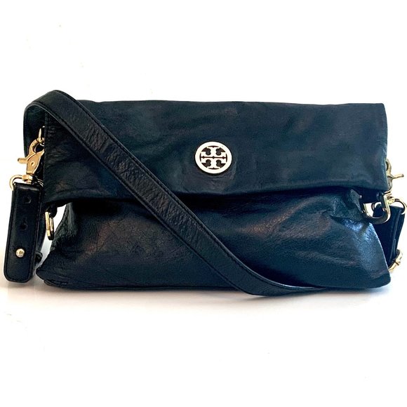 Tory Burch Handbags - Tory Burch Dena Black Leather Fold Over Convertible Shoulder Crossbody Messenger